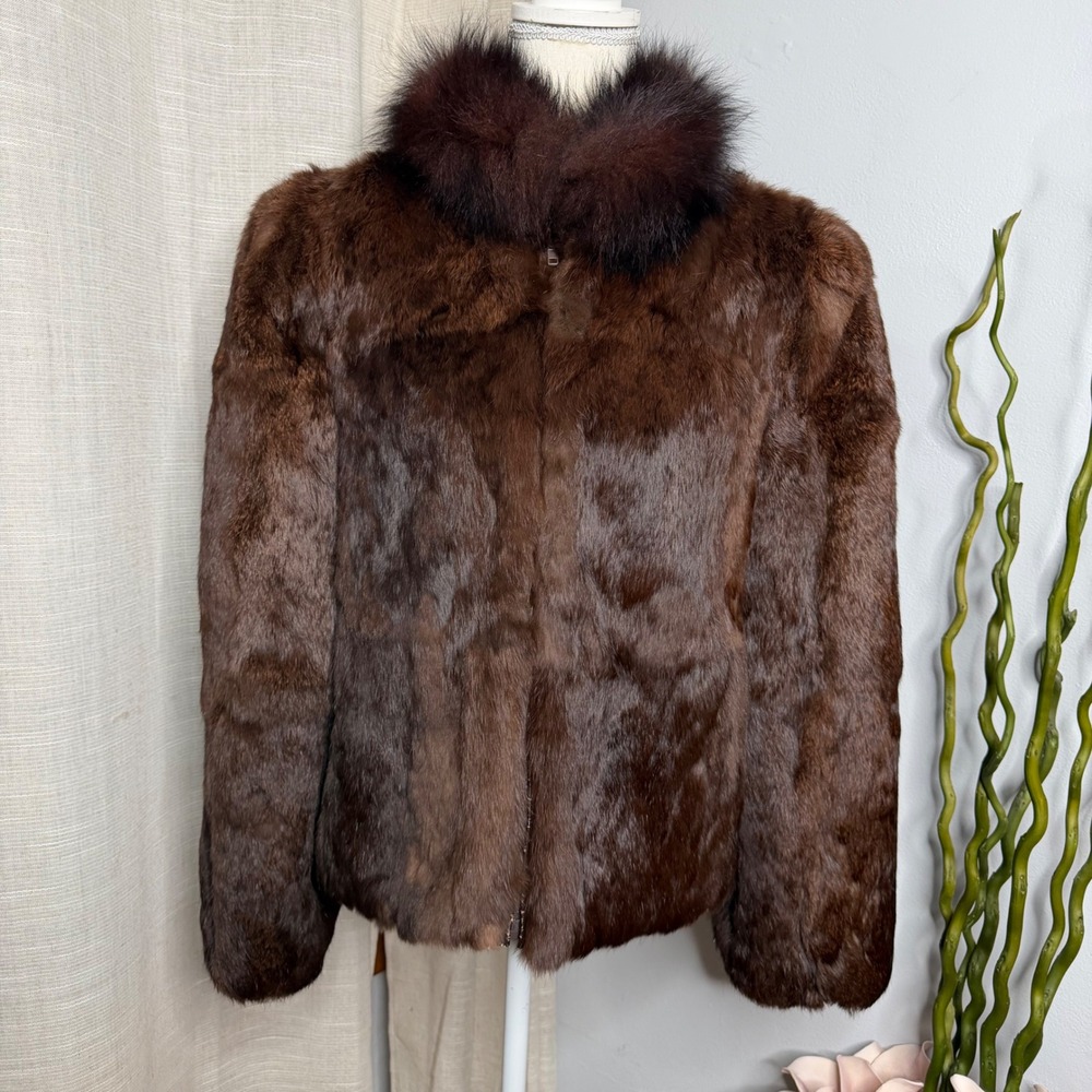 Vintage Rabbit Fur Zip Jacket Push Collar Mock Neck Chocolate Brown Women's M